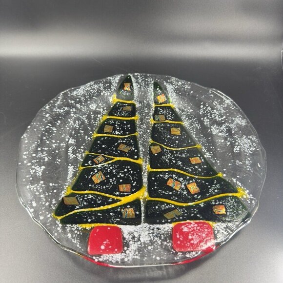 Hand Made Fused Art Glass Dish Plate Platter Christmas Tree Iridescent Glass VTG - Picture 12 of 16